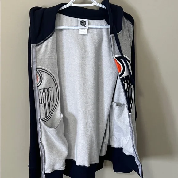 NHL Gray and Blue Edmonton Oilers Zip-Up Hoodie Large Logo Size XL - Picture 4 of 10